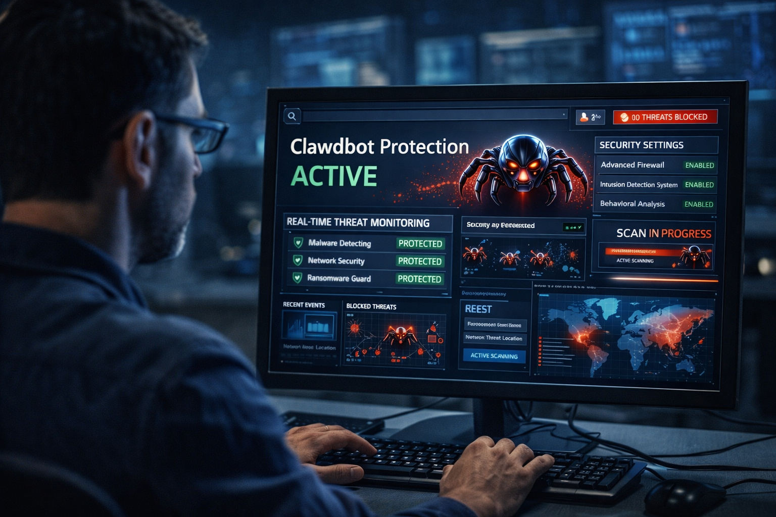 An IT professional configuring cybersecurity software on a computer to protect against Clawdbot threats An IT professional configuring cybersecurity software on a computer to protect against Clawdbot threats