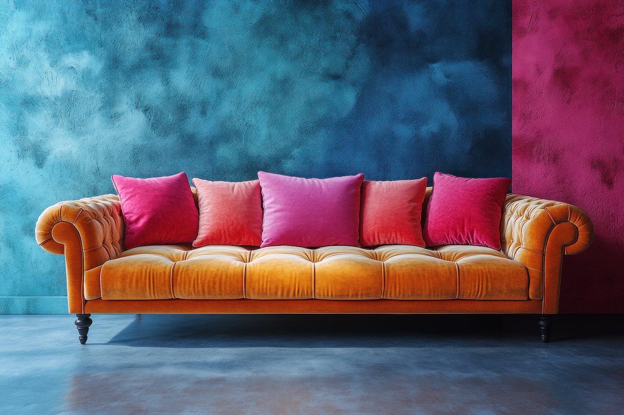 Orange custom fabric sofa with design pillows