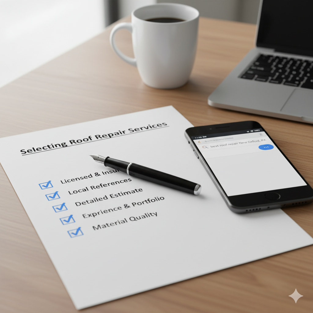 Checklist with criteria for selecting roof repair services next to a smartphone Checklist with criteria for selecting roof repair services next to a smartphone