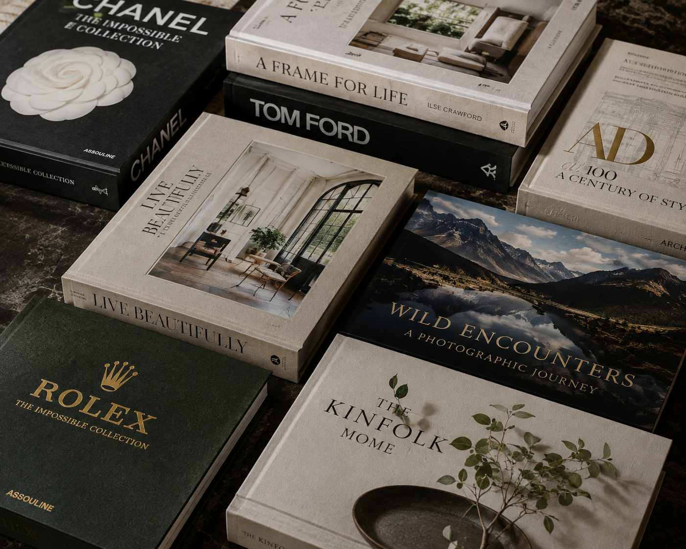 A close-up of intricately designed coffee table book covers, highlighting their artistic and aesthetic appeal.