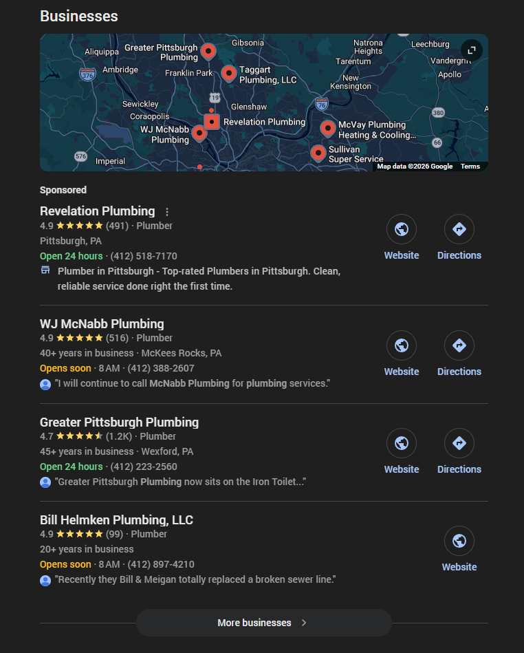 A map highlighting top-rated repipe companies in a local area with pins marking their locations