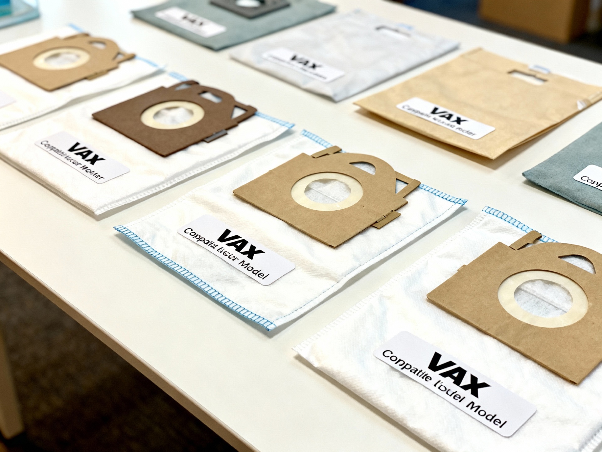 Various Vax dust bags arranged neatly on a table, each labelled with its compatible vacuum cleaner model