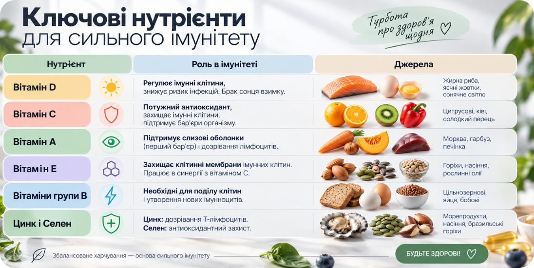 Інфографіка: ключові нутрієнти для сильного імунітету, ролі та джерела вітамінів D, C, A, E, групи B, цинку і селену
