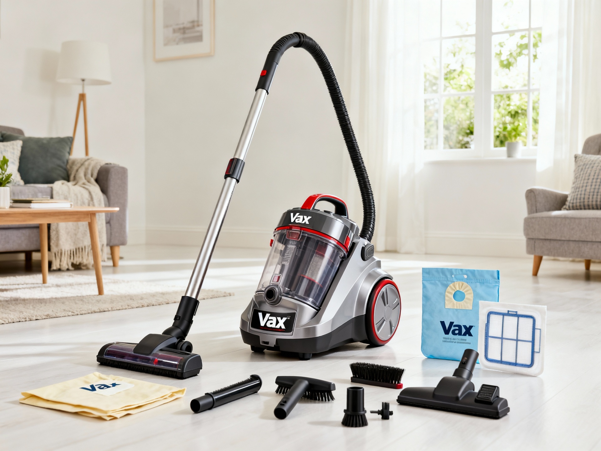 A well-maintained vacuum cleaner surrounded by essential accessories, including Vax dust bags, filters, and brushes