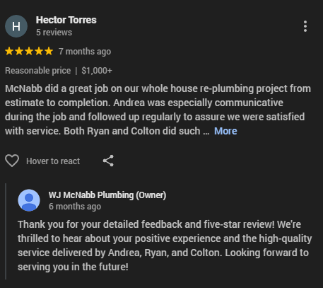 A collage of five-star ratings and positive customer testimonials for repipe specialists displayed on a digital screen