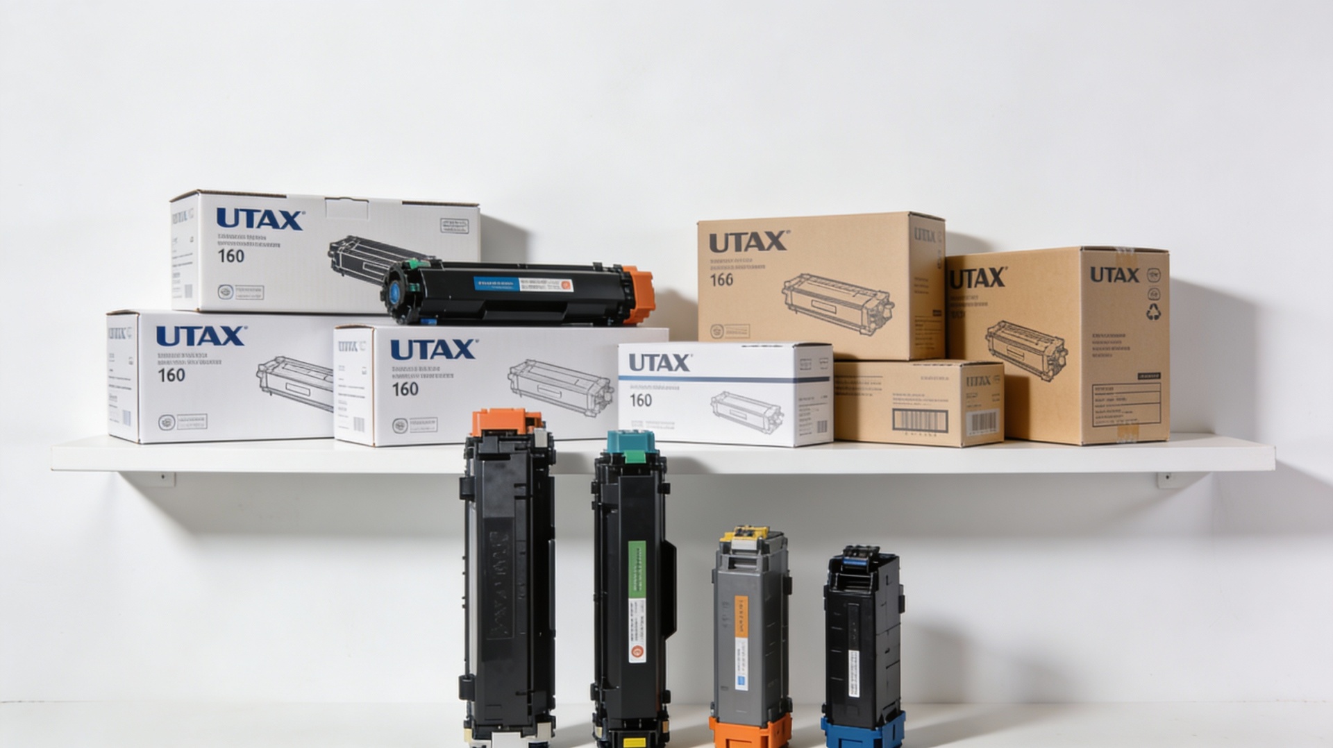 Variety of UTAX toner cartridges displayed on a shelf, highlighting different sizes and packaging