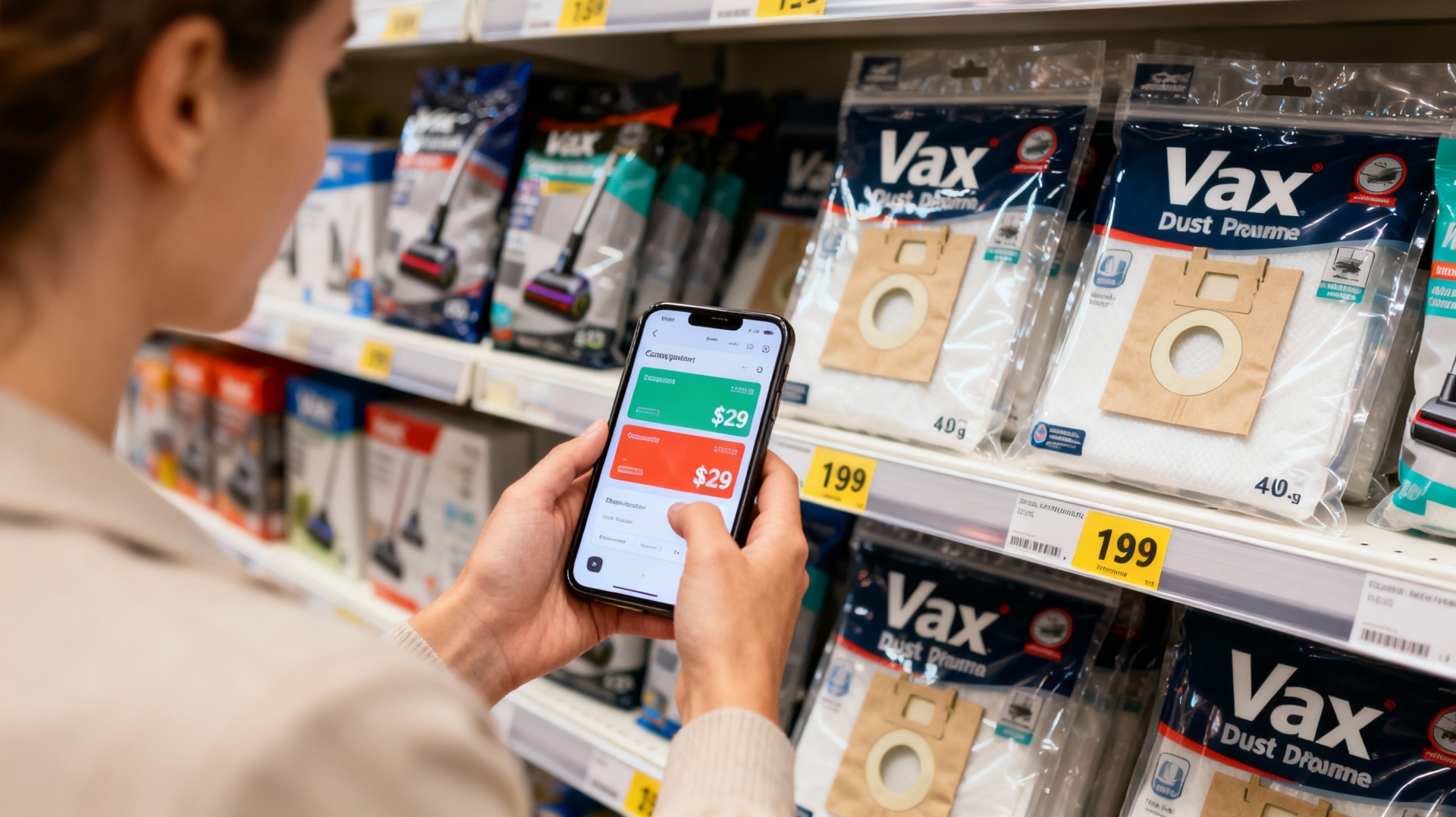 A shopper comparing prices on Vax dust bags using a mobile phone app in a retail store