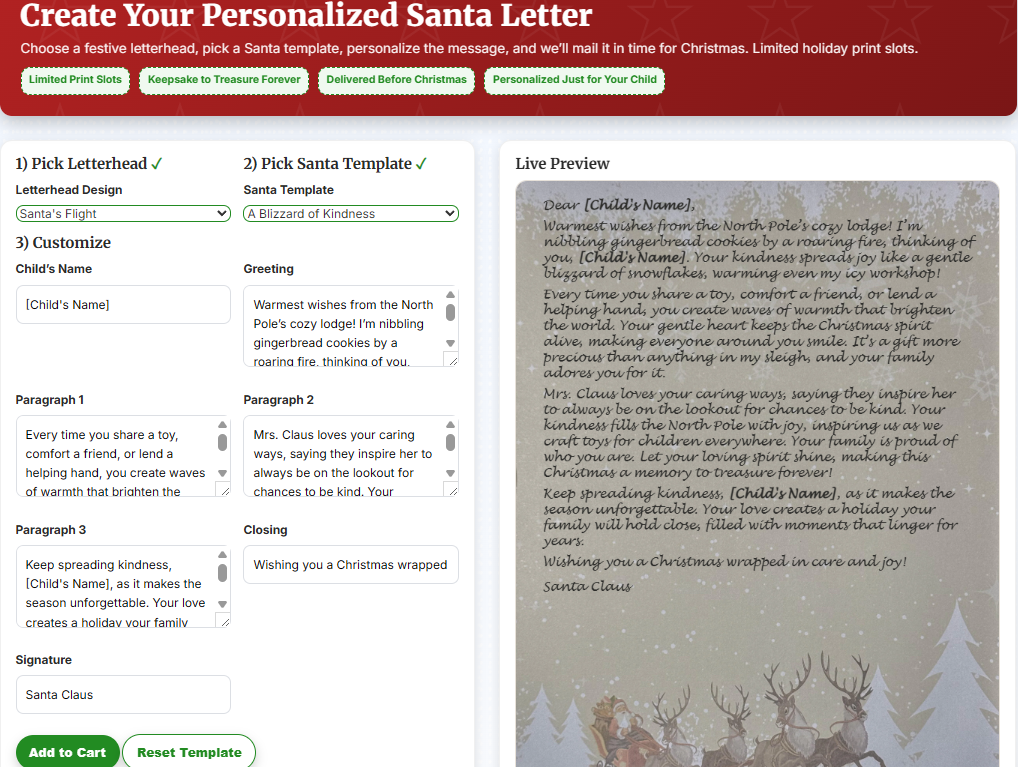 A personalized Santa letter builder with live preview, ready for customization with a child's name and wish list.