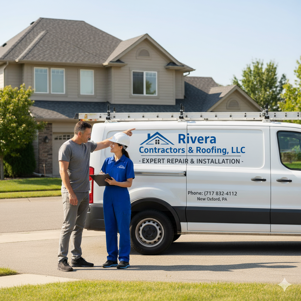 Homeowner talking to a roof repair expert with a clipboard and a van with company logo Homeowner talking to a roof repair expert with a clipboard and a van with company logo