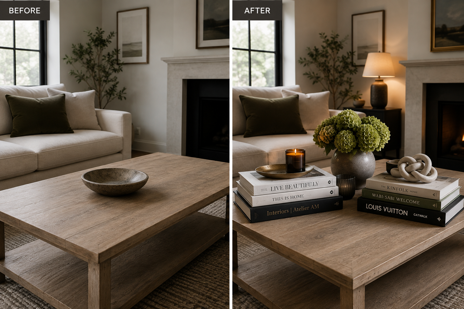 A before-and-after scene showcasing the transformative effect of coffee table books in creating a more inviting and stylish living area.