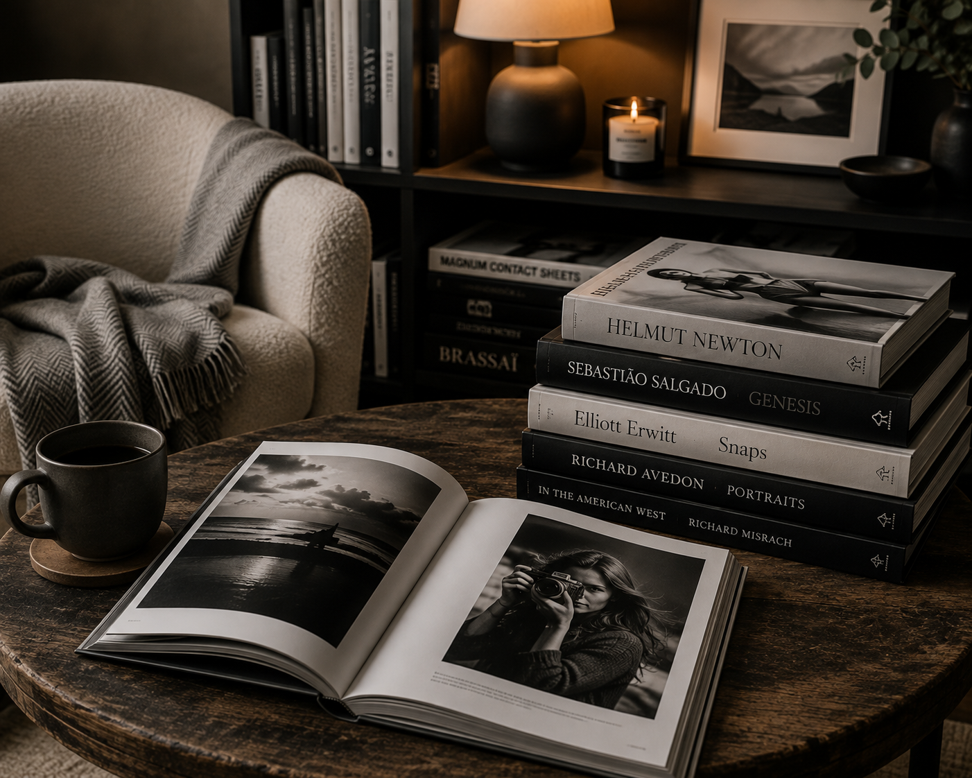 Stunning black-and-white photography coffee table books capturing timeless moments, elegantly displayed in a cosy reading nook.