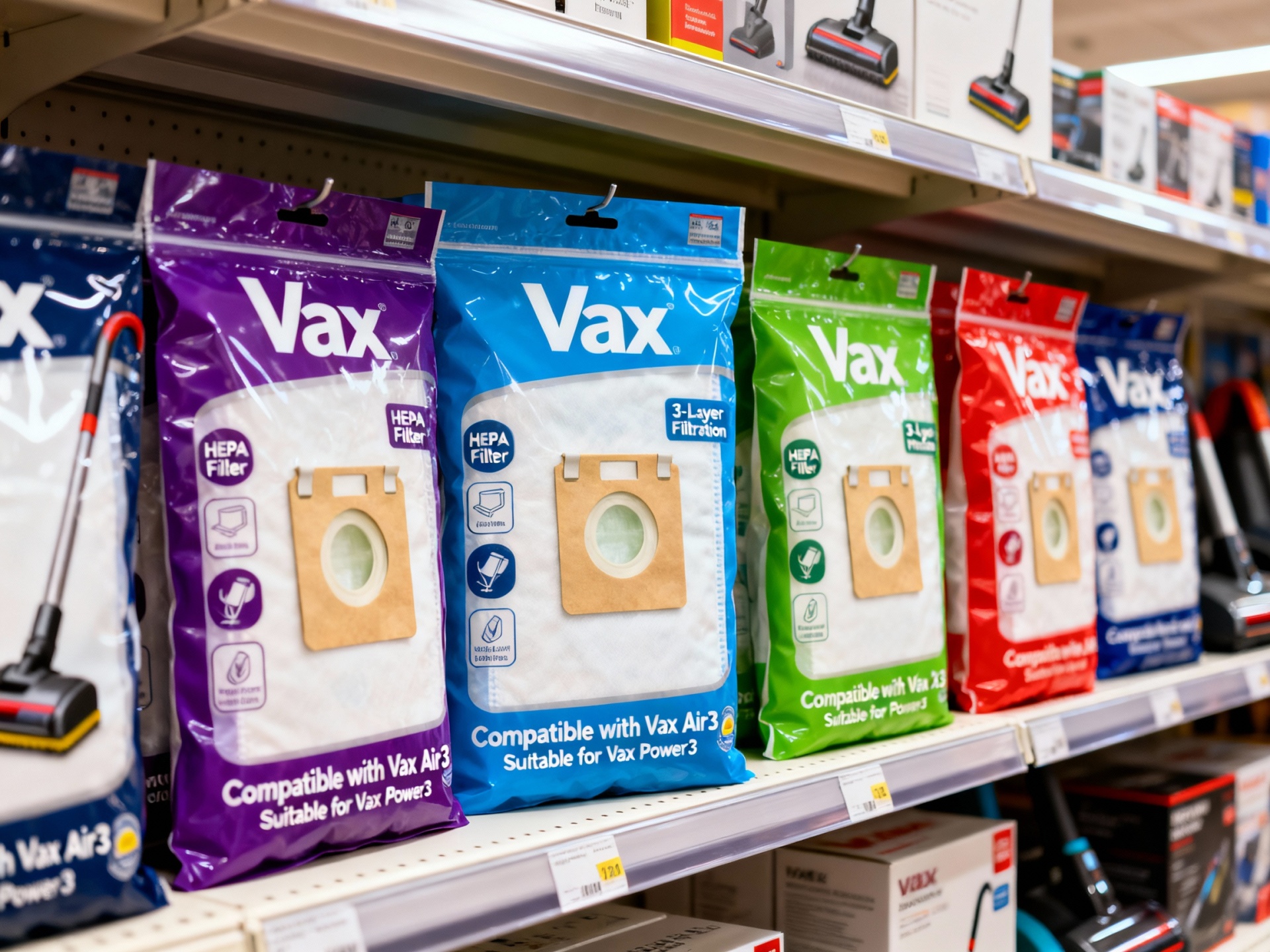 Different packs of Vax dust bags displayed on a store shelf, highlighting their features and compatibility