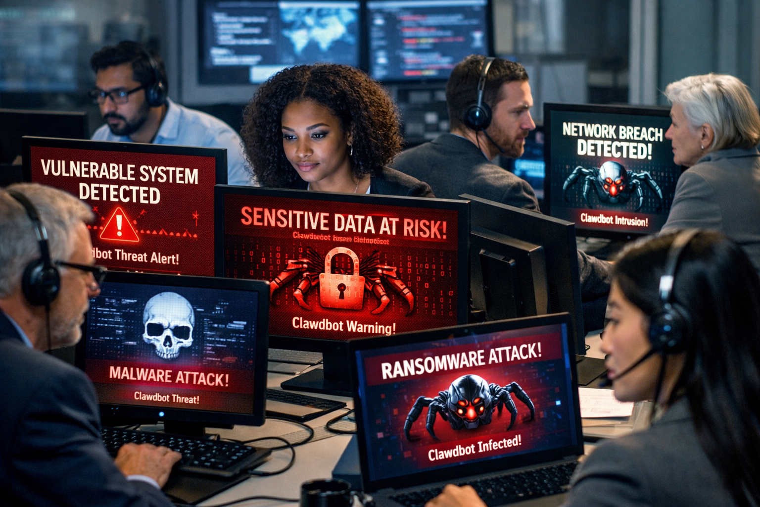 A diverse group of professionals working on computers, indicating potential targets vulnerable to Clawdbot attacks A diverse group of professionals working on computers, indicating potential targets vulnerable to Clawdbot attacks