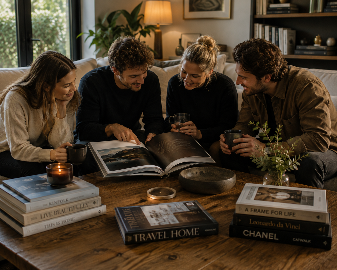 A group of friends gathered around a coffee table, discussing the intriguing contents of a beautifully displayed coffee table book.