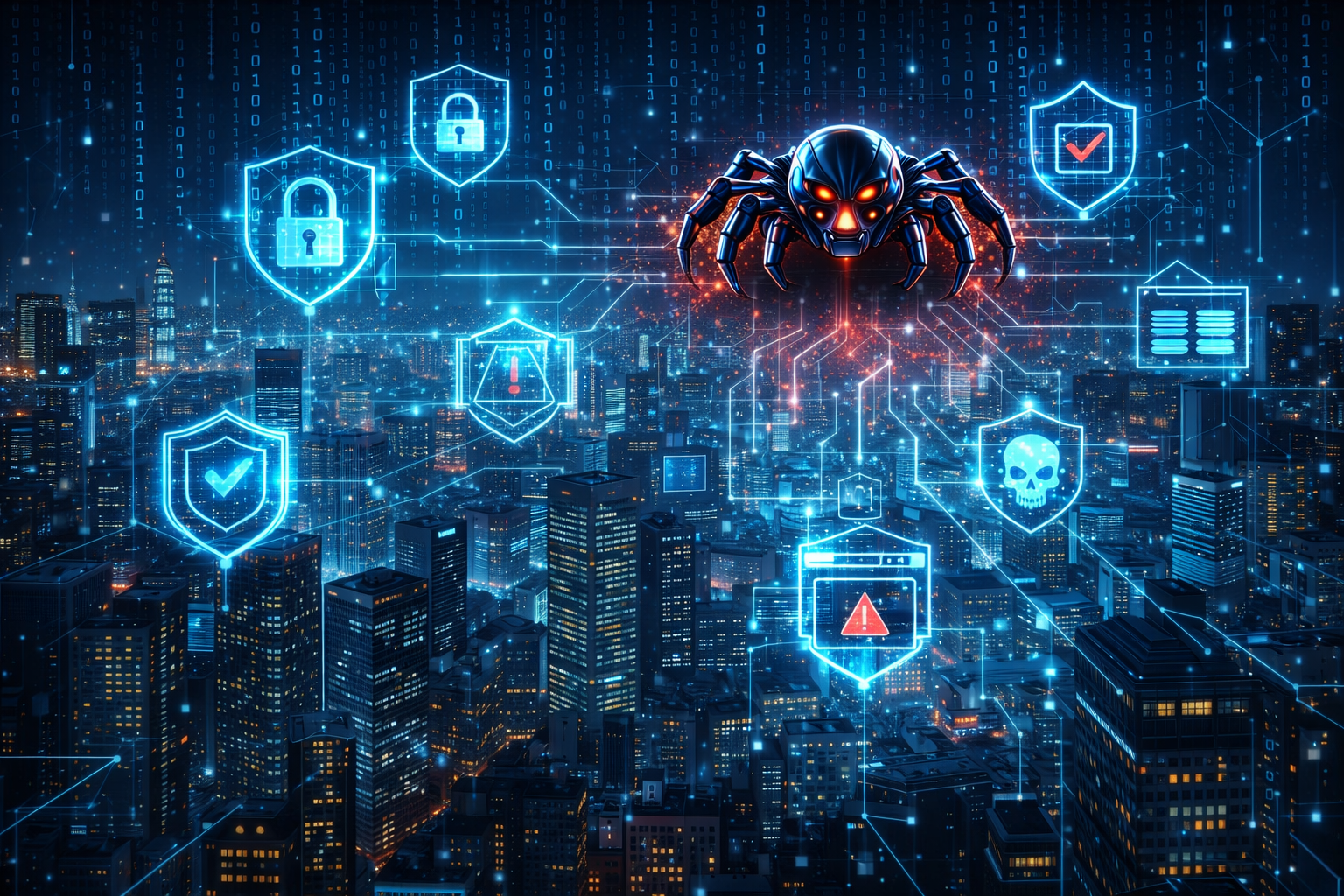 A futuristic cityscape with holographic cybersecurity icons, symbolizing the evolution of infostealer threats A futuristic cityscape with holographic cybersecurity icons, symbolizing the evolution of infostealer threats