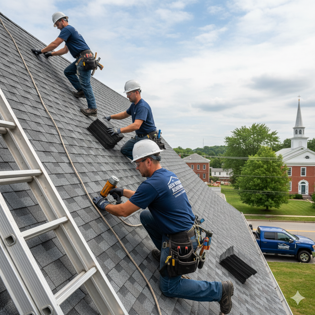 Team of roofers with branded uniforms repairing a roof in New Oxford, Pennsylvania Team of roofers with branded uniforms repairing a roof in New Oxford, Pennsylvania