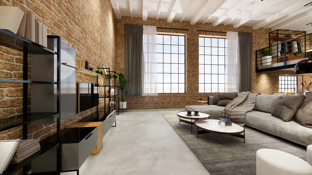 Well-designed loft area with modern furniture and decorative elements