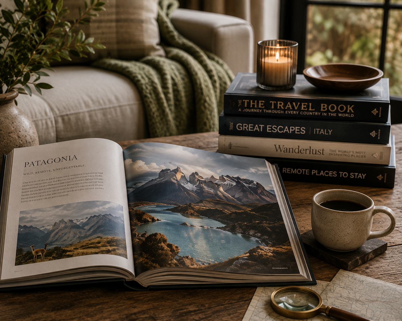 A travel-themed coffee table book open to a page with breathtaking landscapes, inspiring wanderlust in a comfortable living space.