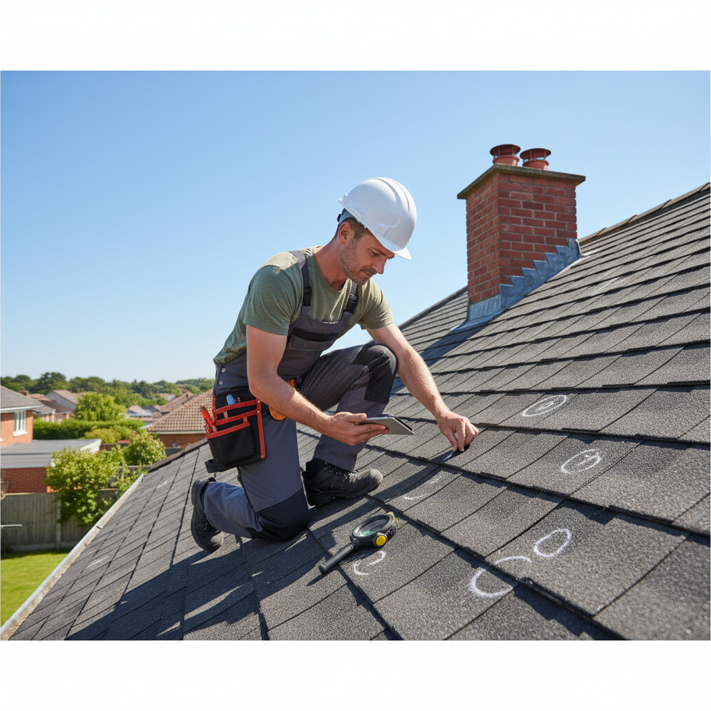 Roof inspector examining shingles on a residential roof under a clear blue sky Roof inspector examining shingles on a residential roof under a clear blue sky