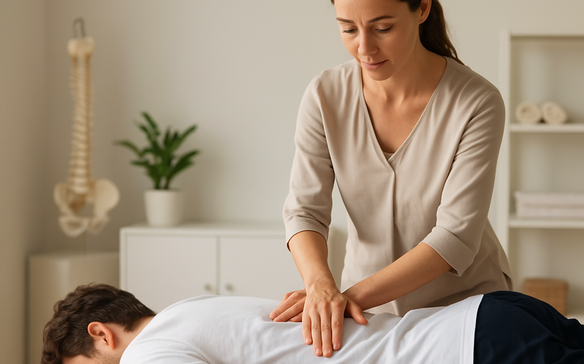 Osteopathin behandelt professionell einen männlichen Patienten in einem hellen, modernen Behandlungsraum. Hände der Therapeutin am Rücken des Patienten, medizinische Atmosphäre. 