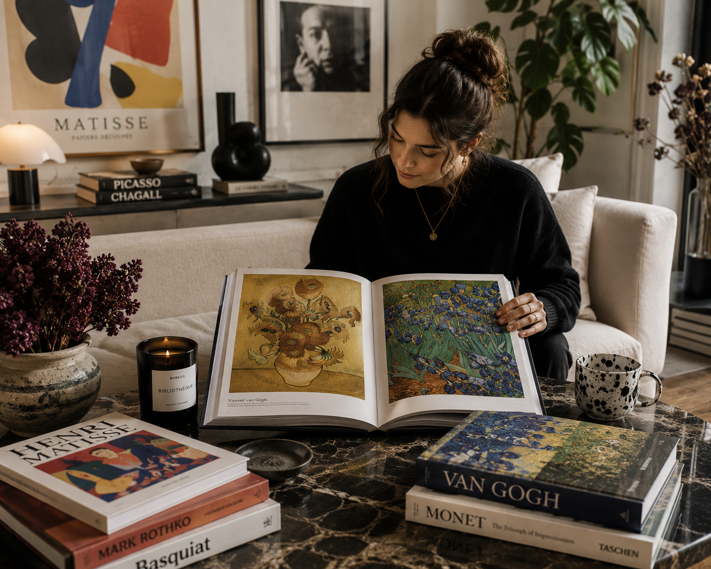 An art lover engrossed in a vibrant coffee table book showcasing the works of famous artists, surrounded by artistic decor.