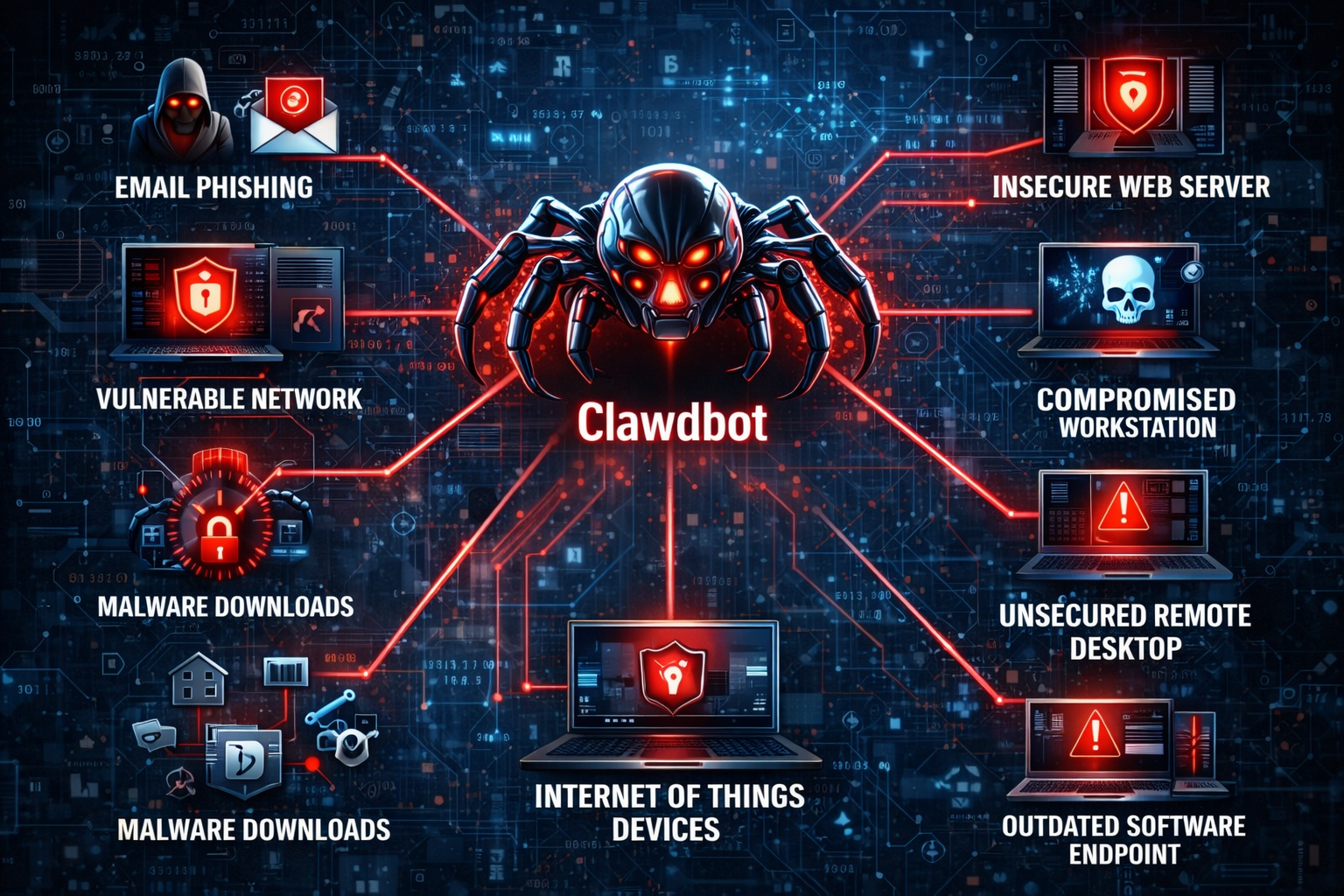 A network diagram showing various pathways Clawdbot uses to infiltrate different systems A network diagram showing various pathways Clawdbot uses to infiltrate different systems